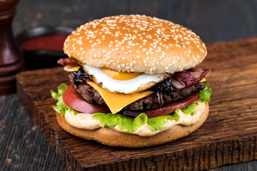 Burger on a wooden board