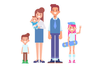 Vector set of characters in a flat style good for animation. Happy family together - mom, dad, kids. Cartoon style, Vector illustration. 