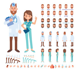 Front, side, back view animated character. Woman and man doctors constructor with various views, hairstyles, gestures, lip sync, poses. Cartoon style, flat vector illustration.