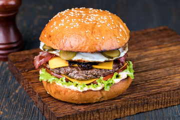 Burger on a wooden board