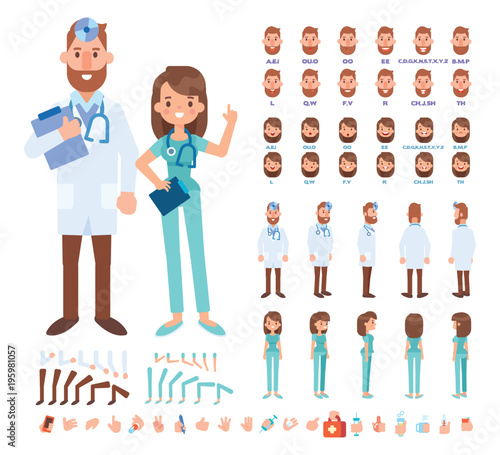 Front Side Back View Animated Character Woman And Man Doctors