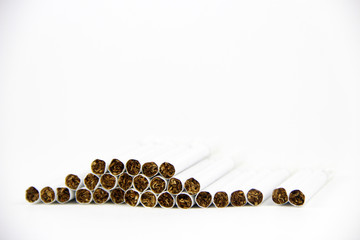 Cigarettes in a row on a white background