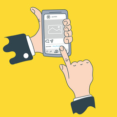 Hands holding a phone with a social application. Graphic set.
Modern, drawn vector illustrations for use on websites, banners and leaflets.