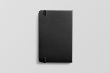 Photorealistic black leather notebook mockup on light grey background, backside view. 