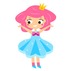 Cute princess smiling. Pink hair Girl in queen costume. Cartoon style vector illustration