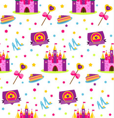 Princess party pattern. Vector background with girls design elements. Castle, shoes, wand, cake. For party invitations, gift wrapping, scrapbook papers