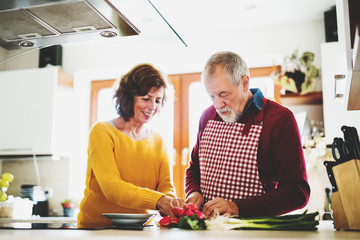 Senior couple preparing food in the kitchen.