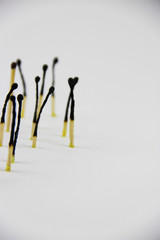 A bunch of burnt and whole matches on a white background