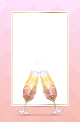Background with champagne glass and golden frame with cope space for menu, invitation, holiday card. Polygonal style