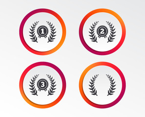 Laurel wreath award icons. Prize for winner signs. First, second and third place medals symbols. Infographic design buttons. Circle templates. Vector