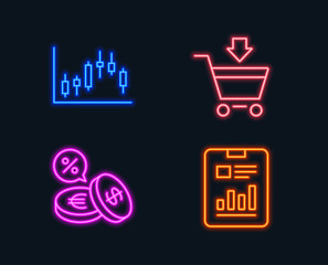 Neon lights. Set of Candlestick graph, Online market and Currency exchange icons. Report document sign. Finance chart, Shopping cart, Euro and usd. Page with charts.  Glowing graphic designs. Vector
