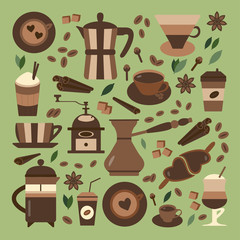 Coffee making icons. Hot chocolate, tea and spices organic menu elements. Coffee machines, drinks to go, products and bio beverages. Espresso, latte, cappuccino in glasses and cups.
