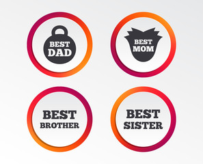 Best mom and dad, brother and sister icons. Weight and flower signs. Award symbols. Infographic design buttons. Circle templates. Vector