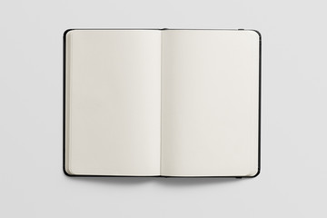 Photorealistic black leather notebook mockup on light grey background, opened view. 