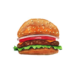 Watercolor hand drawn sketch illustration of hamburger with chop, cheese, herbs, onions and tomato isolated on white