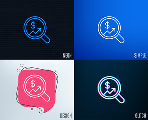 Glitch, Neon effect. Business Audit or Statistics line icon. Analytics with charts symbol. Search Magnifier sign. Trendy flat geometric designs. Vector