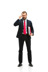 Obraz premium Full body portrait of businessman with folder on white