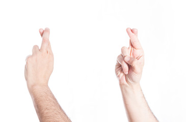 Set of hands is Crossed Fingers gesture, on white background.