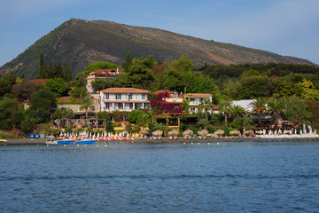 View from the sea to the beach of Agios Sostis, Zakynthos Island, Greece.Typical island...