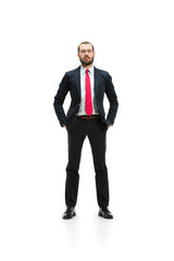 Full body portrait of businessman on white studio background