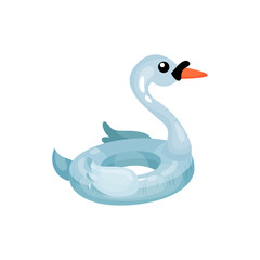 Icon of glossy rubber ring in form of beautiful blue swan. Swimming circle. Inflatable water toy. Accessory for summer beach vacation. Colorful flat vector design