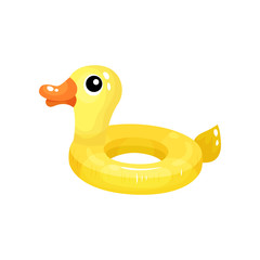 Inflatable swimming ring in shape of funny yellow duck. Floating beach toy. Rubber circle for childrens fun in pool. Cartoon flat vector illustration