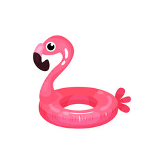 Rubber ring in shape of bright pink flamingo. Inflatable swimming circle. Tropical bird. Children accessory for summer beach vacation. Colorful flat vector design