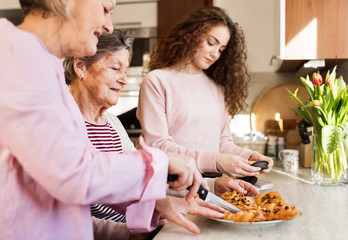 A teenage girl with mother and grandmother at home.