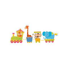 Fox, giraffe, monkey and elephant traveling by train. Cartoon animal characters. Zoo theme. Colorful flat vector design for children s book or greeting card