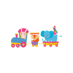 Cute animals riding on train. Cartoon pink bunny, orange fox, big blue elephant and colorful parrot. Zoo theme. Flat vector design for children book or postcard