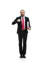 Choose me. Full body view of businessman on white studio background