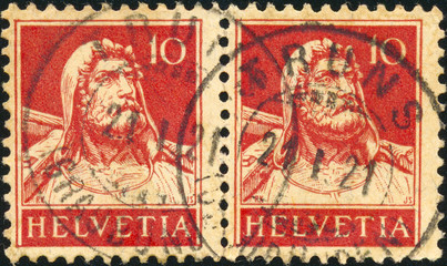 William Tell. 1921 swiss postage stamp. Close up