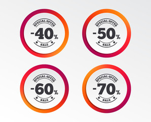 Sale discount icons. Special offer stamp price signs. 40, 50, 60 and 70 percent off reduction symbols. Infographic design buttons. Circle templates. Vector