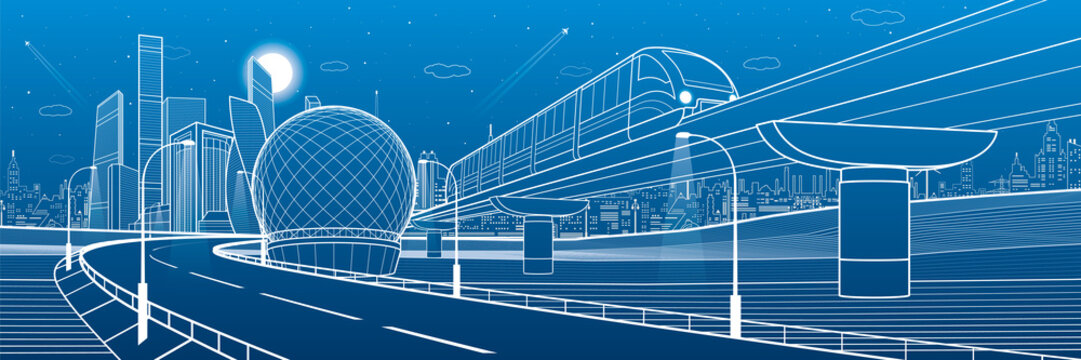 Monorail railway and illuminated highway. Transportation urban illustration. Skyline modern city at background. Business buildings. Night town. White lines on blue background. Vector design art