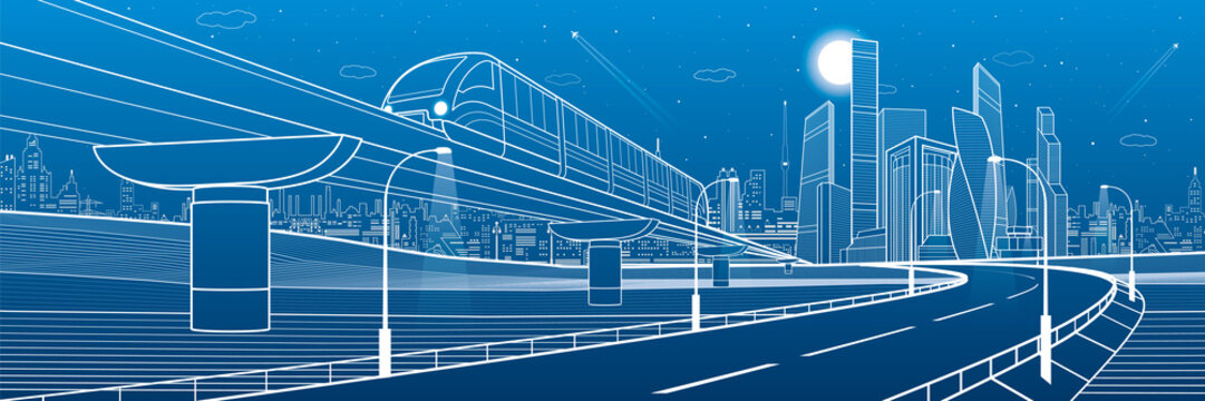 Monorail railway and illuminated highway. Transportation urban illustration. Skyline modern city at background. Business buildings. Night town. White lines on blue background. Vector design art