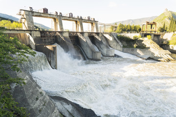 Reset of water at hydroelectric power station on the river