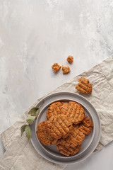 Homemade healthy aquafaba vegan cookies, top view, copy space. Vegetarian food concept.