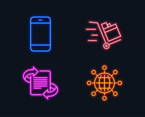 Neon lights. Set of Push cart, Smartphone and Marketing icons. International globe sign. Express delivery, Cellphone or phone, Article. World networking.  Glowing graphic designs. Vector