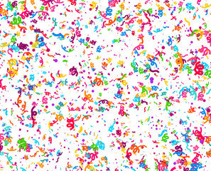Carnaval or Festival Confetti. Colorful confetti pieces. Celebration party or Holiday background. Flying colorful glitter particles. Decoration pattern. Vector