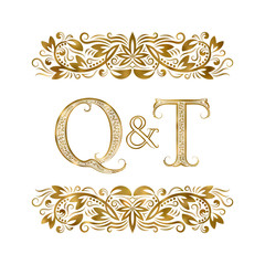 Q and T vintage initials logo symbol. The letters are surrounded by ornamental elements. Wedding or business partners monogram in royal style.