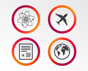 Airplane icons. World globe symbol. Boarding pass flight sign. Airport ticket with QR code. Infographic design buttons. Circle templates. Vector