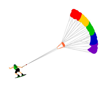 Man riding kiteboard vector. Extreme water sport kiteboarding with parachute. Kite surfer on waves. Kite surfing on beach, enjoying in summer holiday time. 