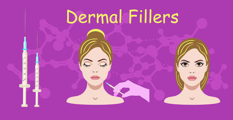 Vector illustration with dermal filler process on the purple background