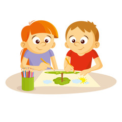 Boy and girl draw picture Vector illustration