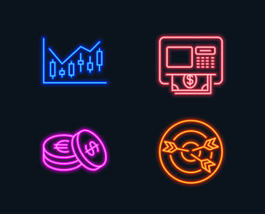 Neon lights. Set of Financial diagram, Savings and Atm icons. Targeting sign. Candlestick chart, Cash coins, Money withdraw. Target with arrows.  Glowing graphic designs. Vector