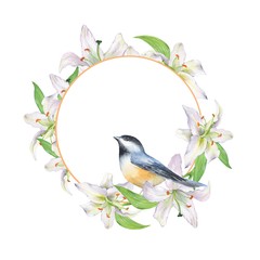 Bird and floral wreath. Watercolor painting