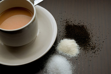 Milk Tea with sugar,creamer and tea leaf on the wooden table.Visible Noise,Blur when view at Full...