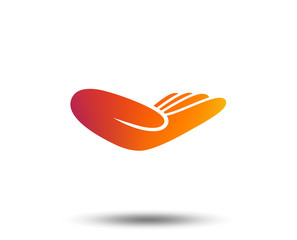 Donation hand sign icon. Charity or endowment symbol. Human helping hand palm. Blurred gradient design element. Vivid graphic flat icon. Vector