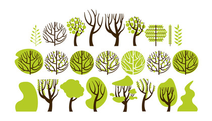 Set trees in a flat style. Season is spring, summer. Vector illustration.