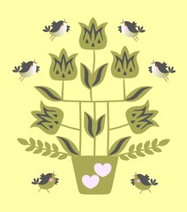 Cute card for valentine's day. Tulip tree in flower pot with hearts and cheerful little birds on yellow background in vextor.
